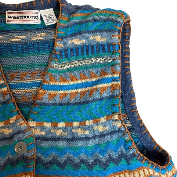Vintage Westbound Blue Women Knit Sweater Vest Size XL Southwestern Country 90's - Picture 2 of 11